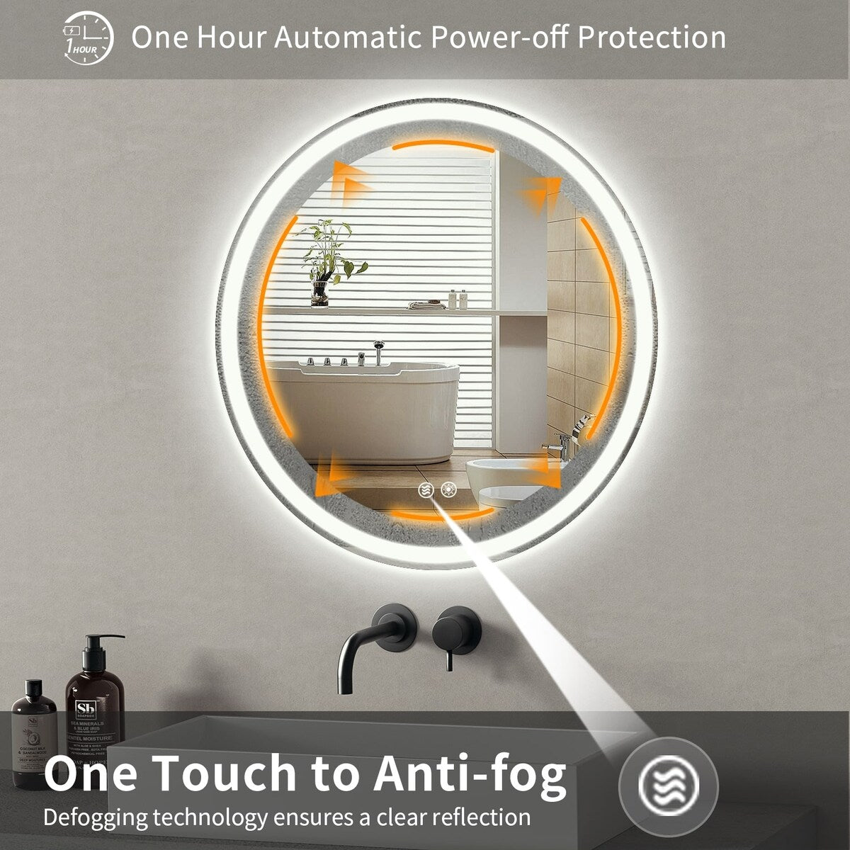 Miroir de coiffure rond sans cadre, à éclairage LED, avec fonction de gradation et anti-buée.