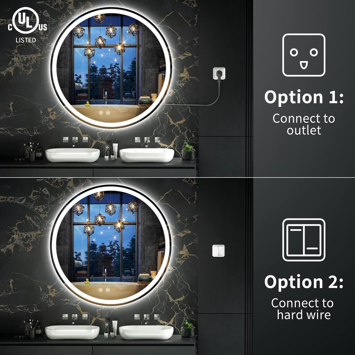 Miroir de coiffure rond sans cadre, à éclairage LED, avec fonction de gradation et anti-buée.