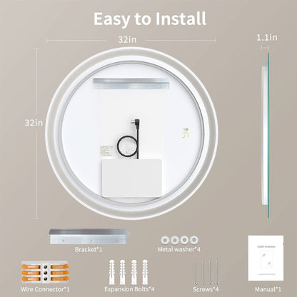Miroir de coiffure rond sans cadre, à éclairage LED, avec fonction de gradation et anti-buée.