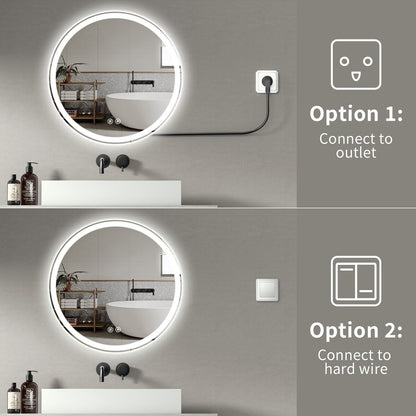 Miroir de coiffure rond sans cadre, à éclairage LED, avec fonction de gradation et anti-buée.