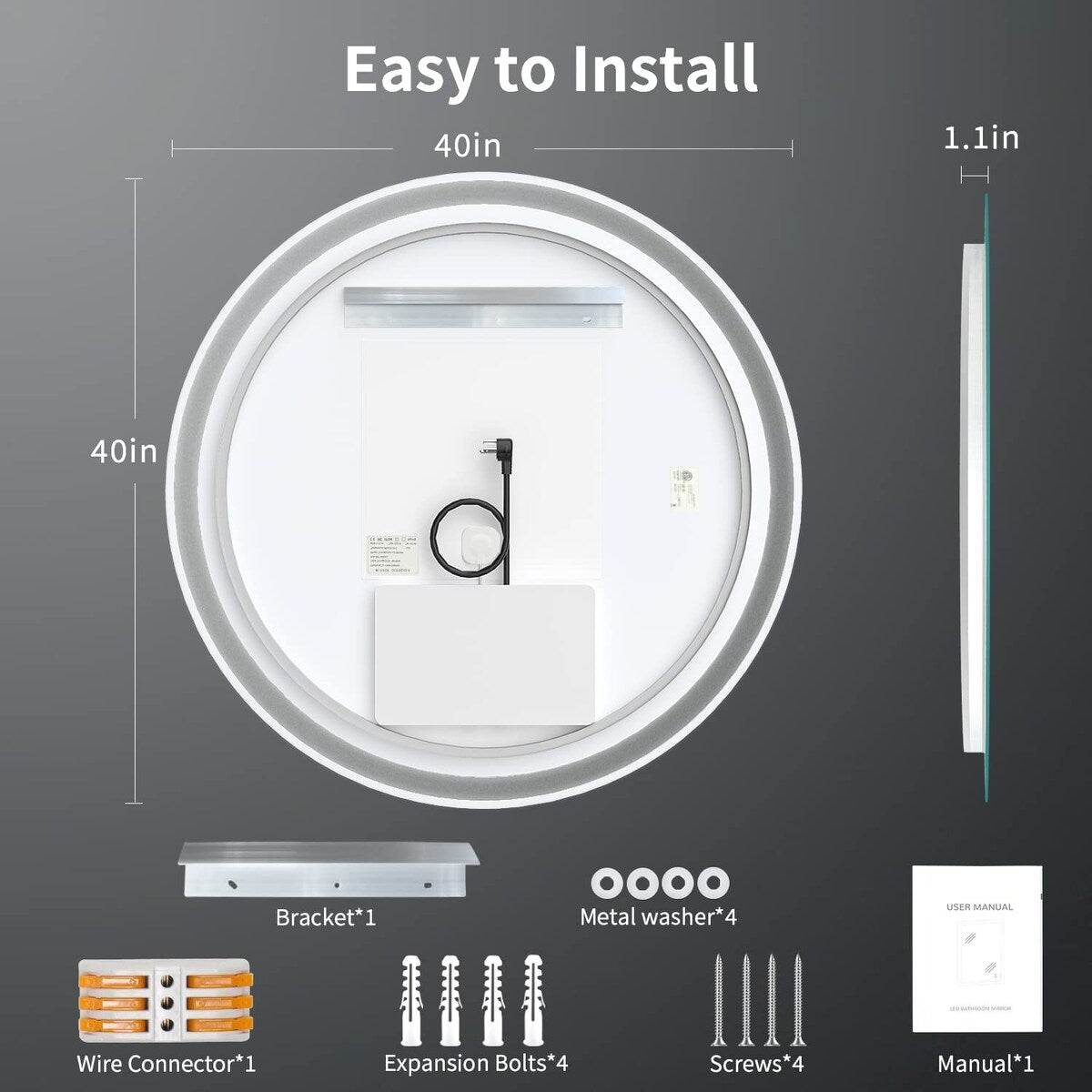Miroir de coiffure rond sans cadre, à éclairage LED, avec fonction de gradation et anti-buée.