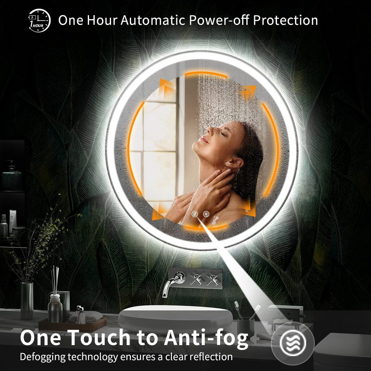 Miroir de coiffure rond sans cadre, à éclairage LED, avec fonction de gradation et anti-buée.