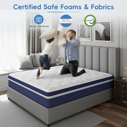 Matelas hybride à ressorts SweDrea de 25 cm (10 po) à refroidissement et respirabilité, fermeté moyenne, certifié CertiPUR-US, SGS et OEKO-TEX.