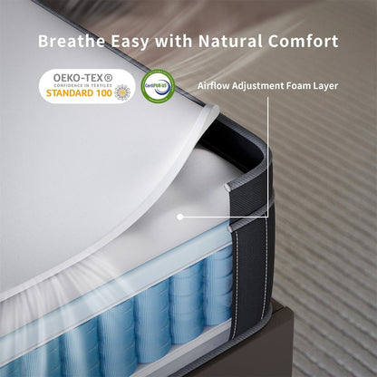 Matelas hybride à ressorts enveloppants refroidissants SweDrea de 30 cm (12 po) à fermeté moyenne, avec isolation du mouvement, certifié CertiPUR-US, SGS et OEKO-TEX.