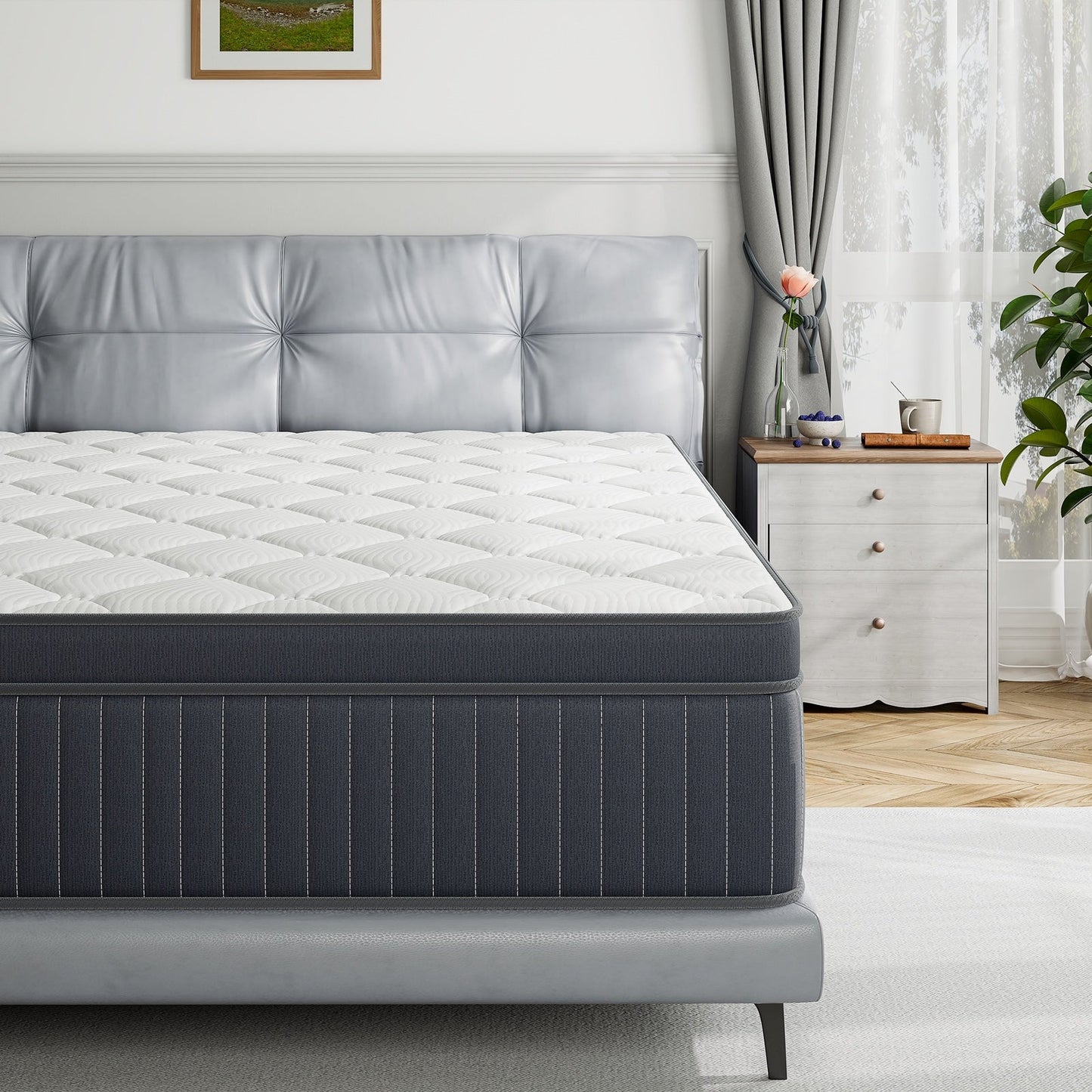 Matelas hybride SweDrea à ressorts avec mousse à mémoire de forme au gel et surcouche de 30 cm (12 po) de dureté moyenne, certifié CertiPUR-US, SGS et OEKO-TEX.