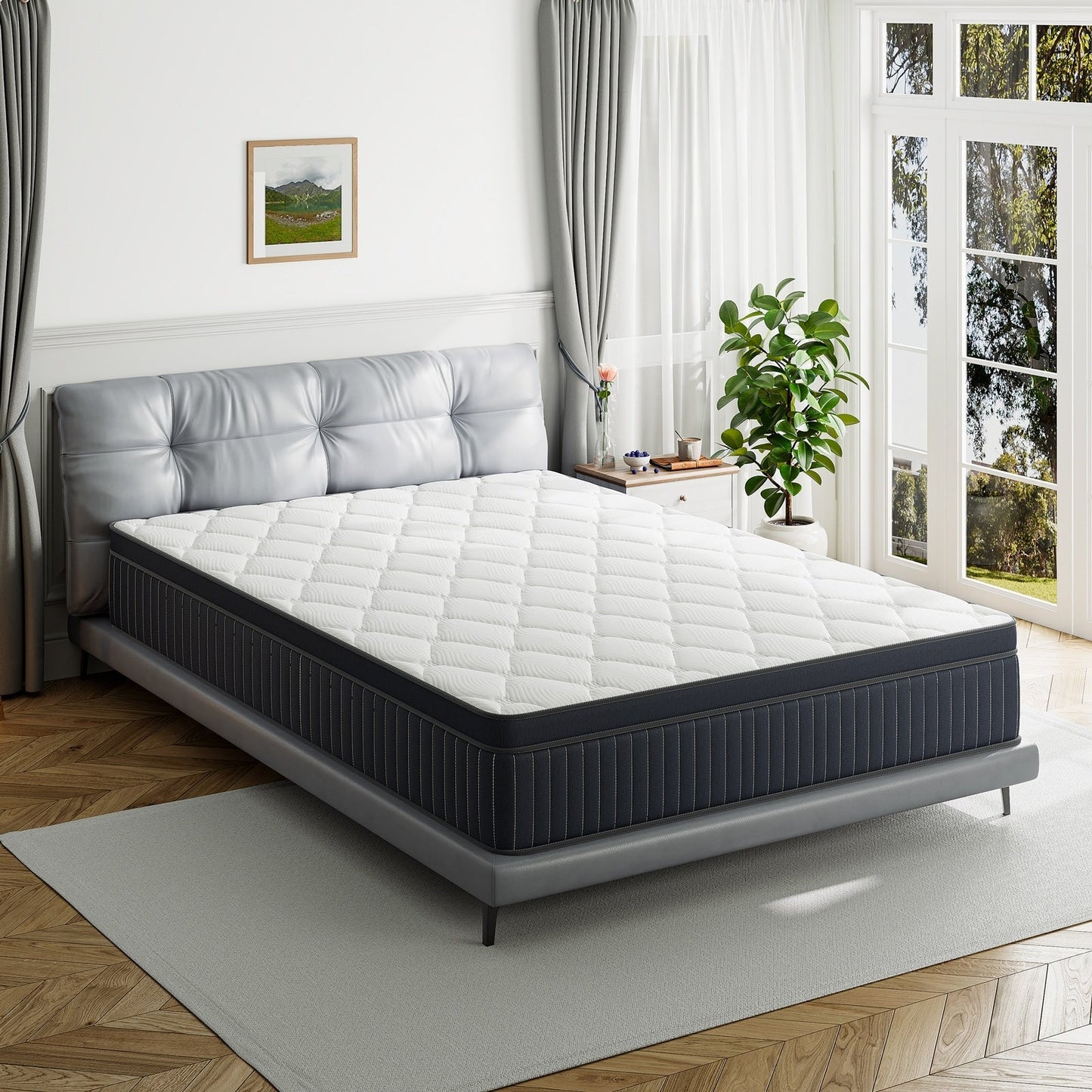 Matelas hybride SweDrea à ressorts avec mousse à mémoire de forme au gel et surcouche de 30 cm (12 po) de dureté moyenne, certifié CertiPUR-US, SGS et OEKO-TEX.