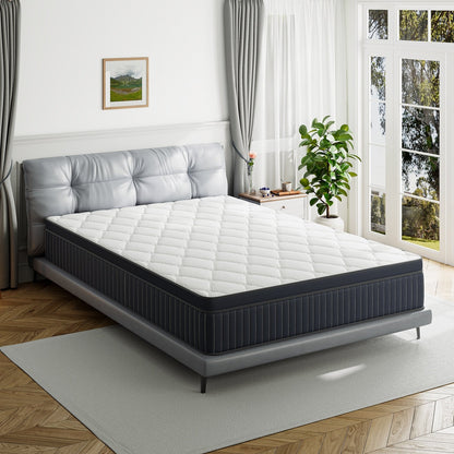 Matelas hybride SweDrea à ressorts avec mousse à mémoire de forme au gel et surcouche de 30 cm (12 po) de dureté moyenne, certifié CertiPUR-US, SGS et OEKO-TEX.