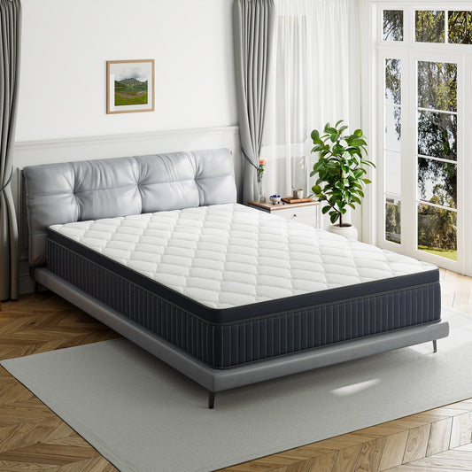 Matelas hybride SweDrea à ressorts avec mousse à mémoire de forme au gel et surcouche de 30 cm (12 po) de dureté moyenne, certifié CertiPUR-US, SGS et OEKO-TEX.