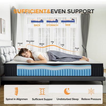 Matelas hybride SweDrea à ressorts avec mousse à mémoire de forme au gel et surcouche de 30 cm (12 po) de dureté moyenne, certifié CertiPUR-US, SGS et OEKO-TEX.