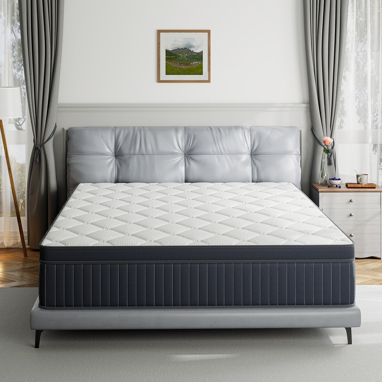 Matelas hybride SweDrea à ressorts avec mousse à mémoire de forme au gel et surcouche de 30 cm (12 po) de dureté moyenne, certifié CertiPUR-US, SGS et OEKO-TEX.