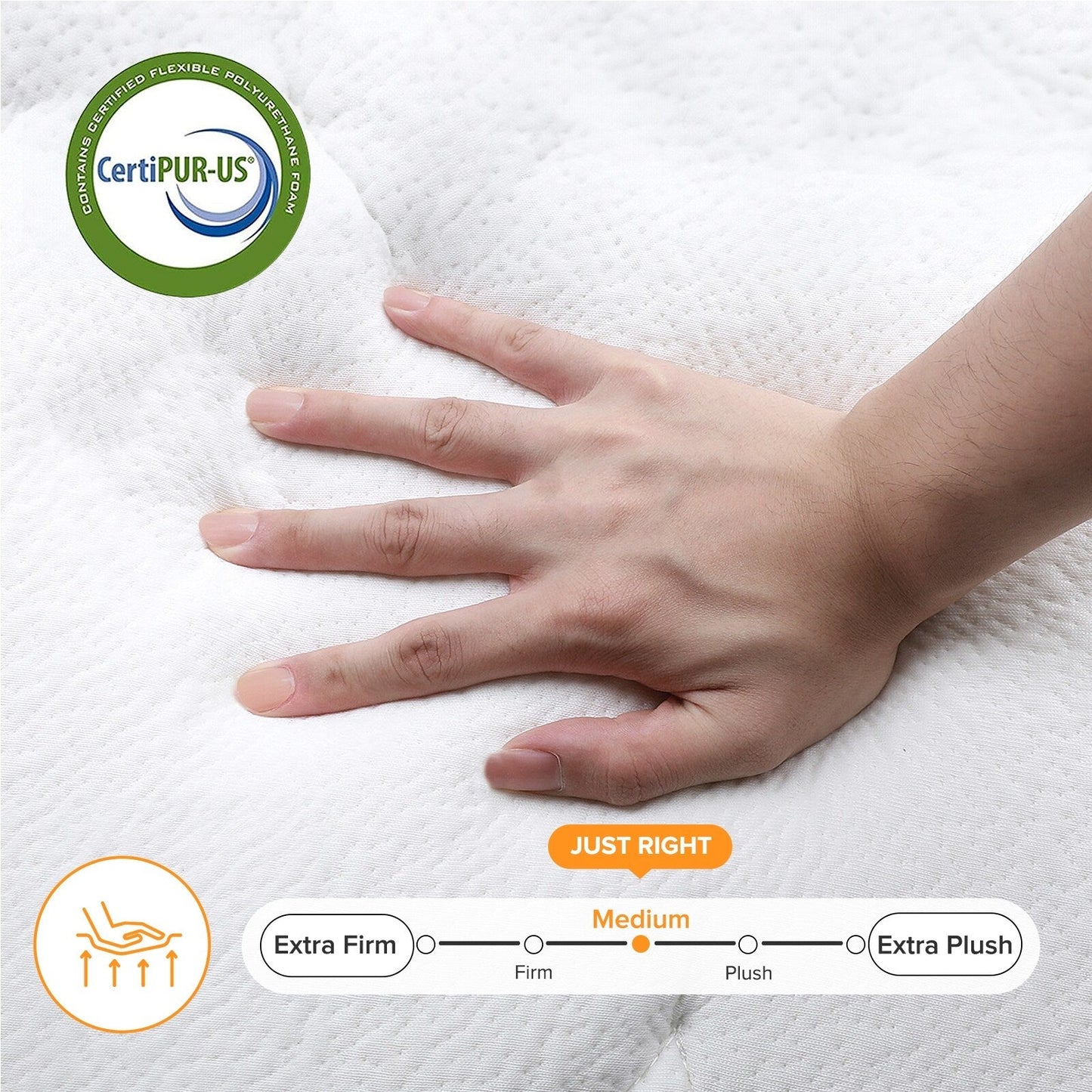 Matelas hybride SweDrea à ressorts avec mousse à mémoire de forme au gel et surcouche de 30 cm (12 po) de dureté moyenne, certifié CertiPUR-US, SGS et OEKO-TEX.