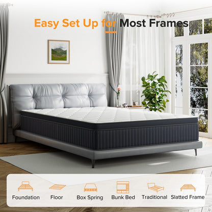 Matelas hybride SweDrea à ressorts avec mousse à mémoire de forme au gel et surcouche de 30 cm (12 po) de dureté moyenne, certifié CertiPUR-US, SGS et OEKO-TEX.