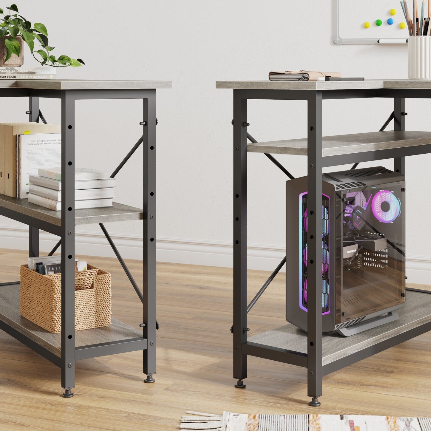 Bureau en forme de L avec étagères de rangement, bureau d'ordinateur d'angle.