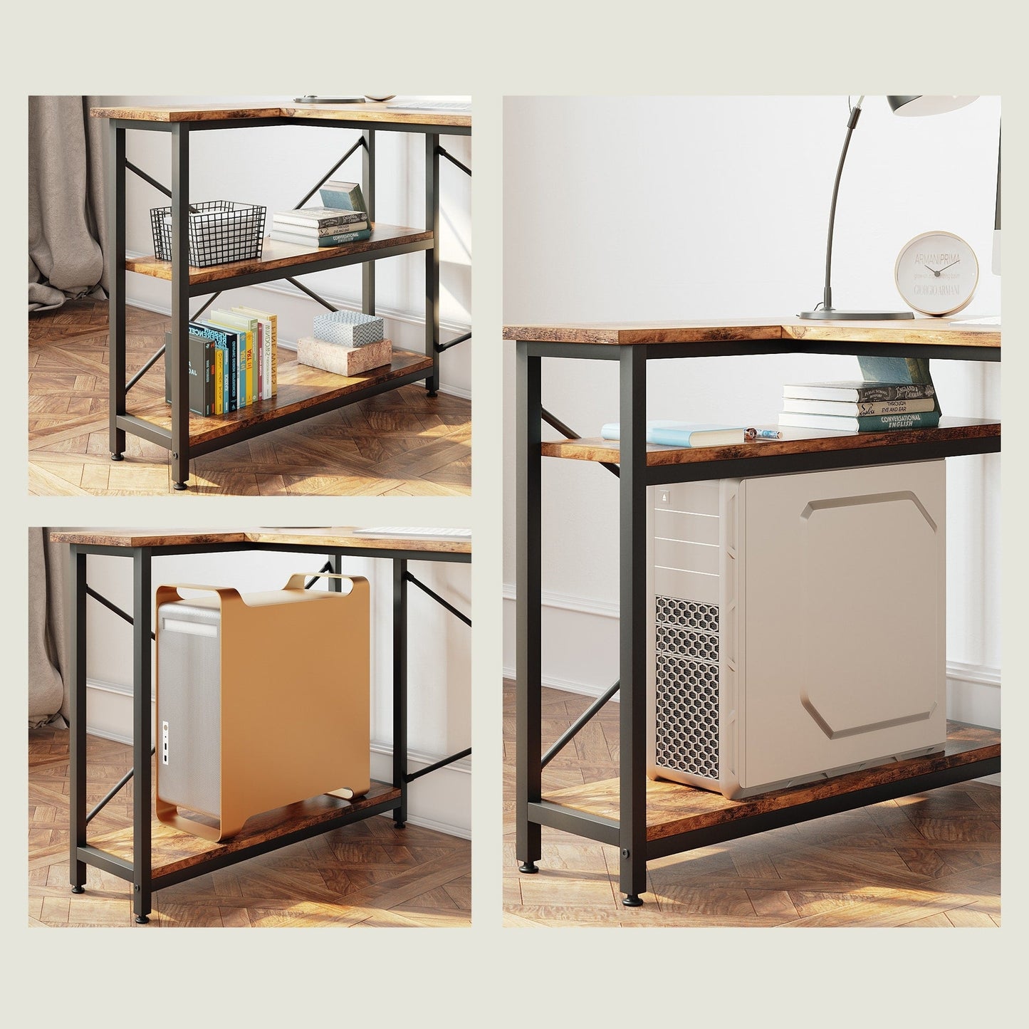 Bureau en forme de L avec étagères de rangement, bureau d'ordinateur d'angle.