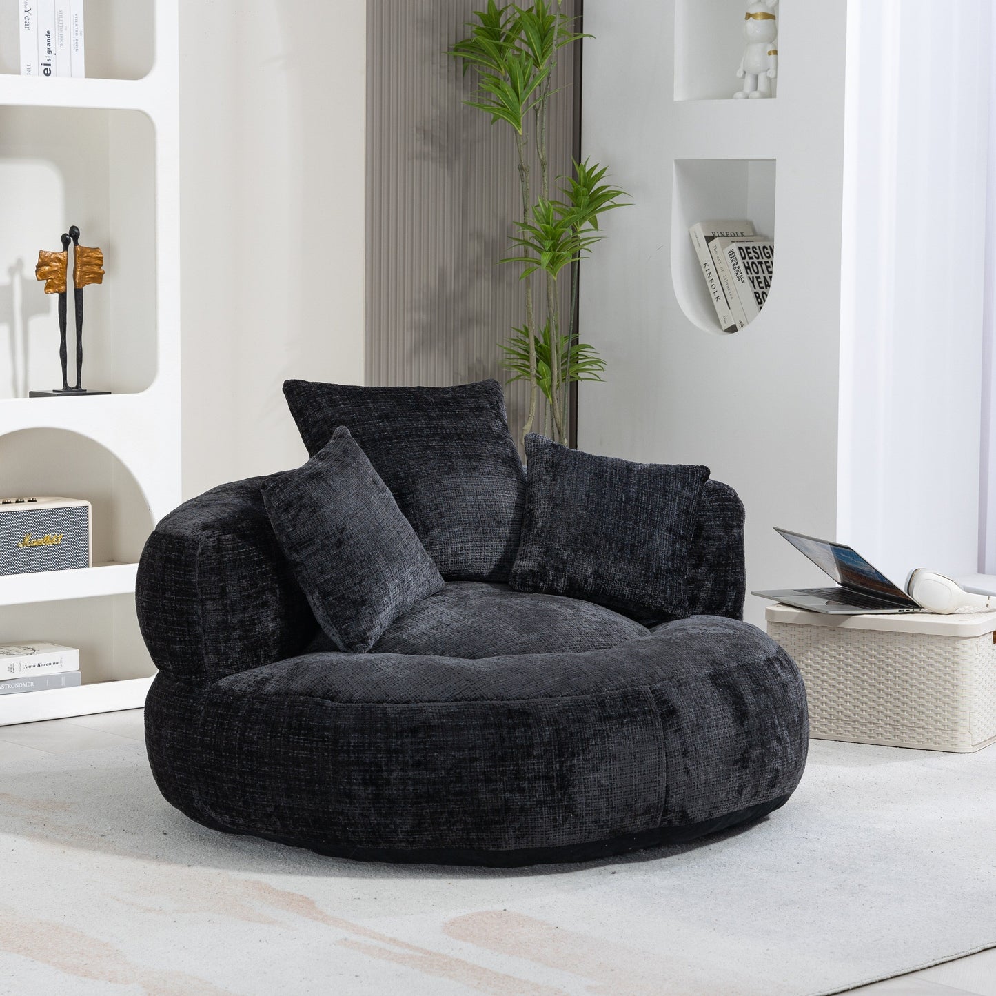 Black Oversized 42.52 Chenille Lazy Bean Bag Single Sofa with Three Pillows for Bedroom
