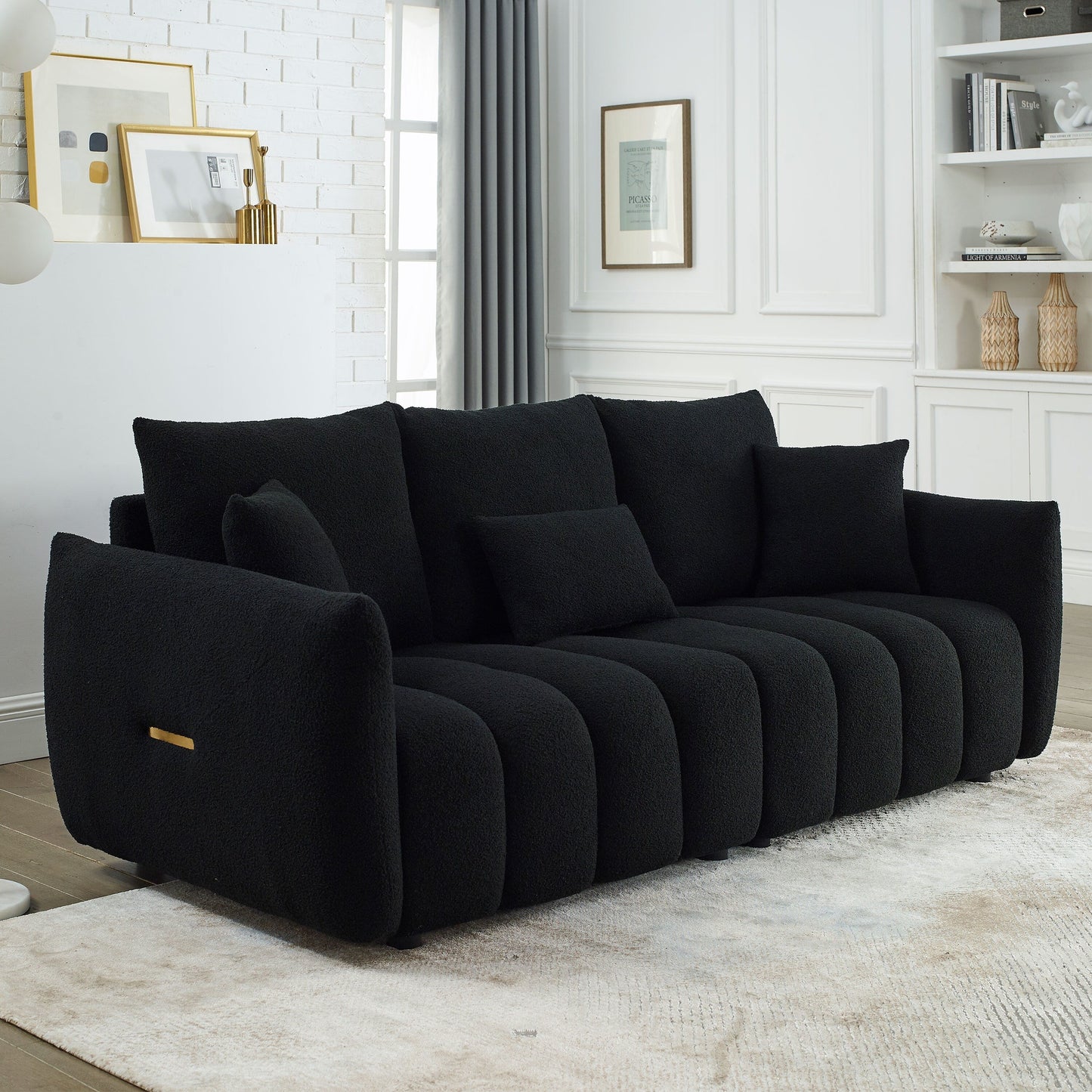 Black Teddy 3-seater Sofa with Back Pillows and Wood Frame