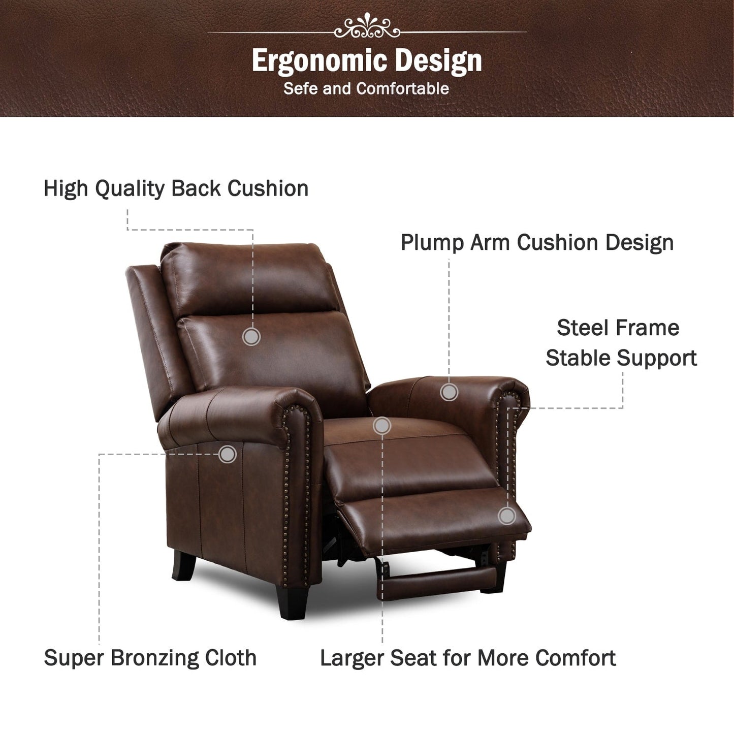 Fauteuil inclinable en cuir véritable avec accoudoirs et dossier confortables.