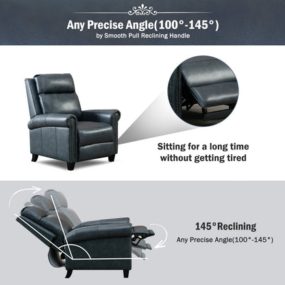 Fauteuil inclinable en cuir véritable avec accoudoirs et dossier confortables.