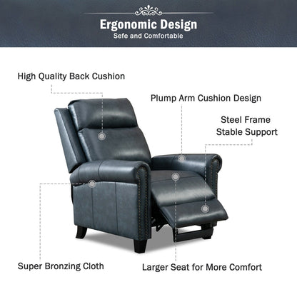 Fauteuil inclinable en cuir véritable avec accoudoirs et dossier confortables.