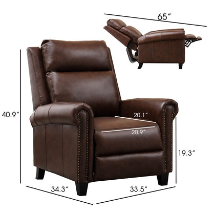 Fauteuil inclinable en cuir véritable avec accoudoirs et dossier confortables.