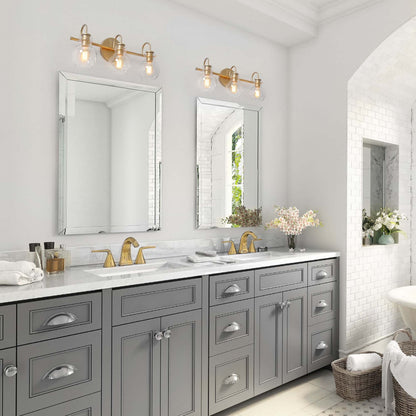 Applique murale moderne dorée à 3 lumières pour salle de bain, avec globe en verre.