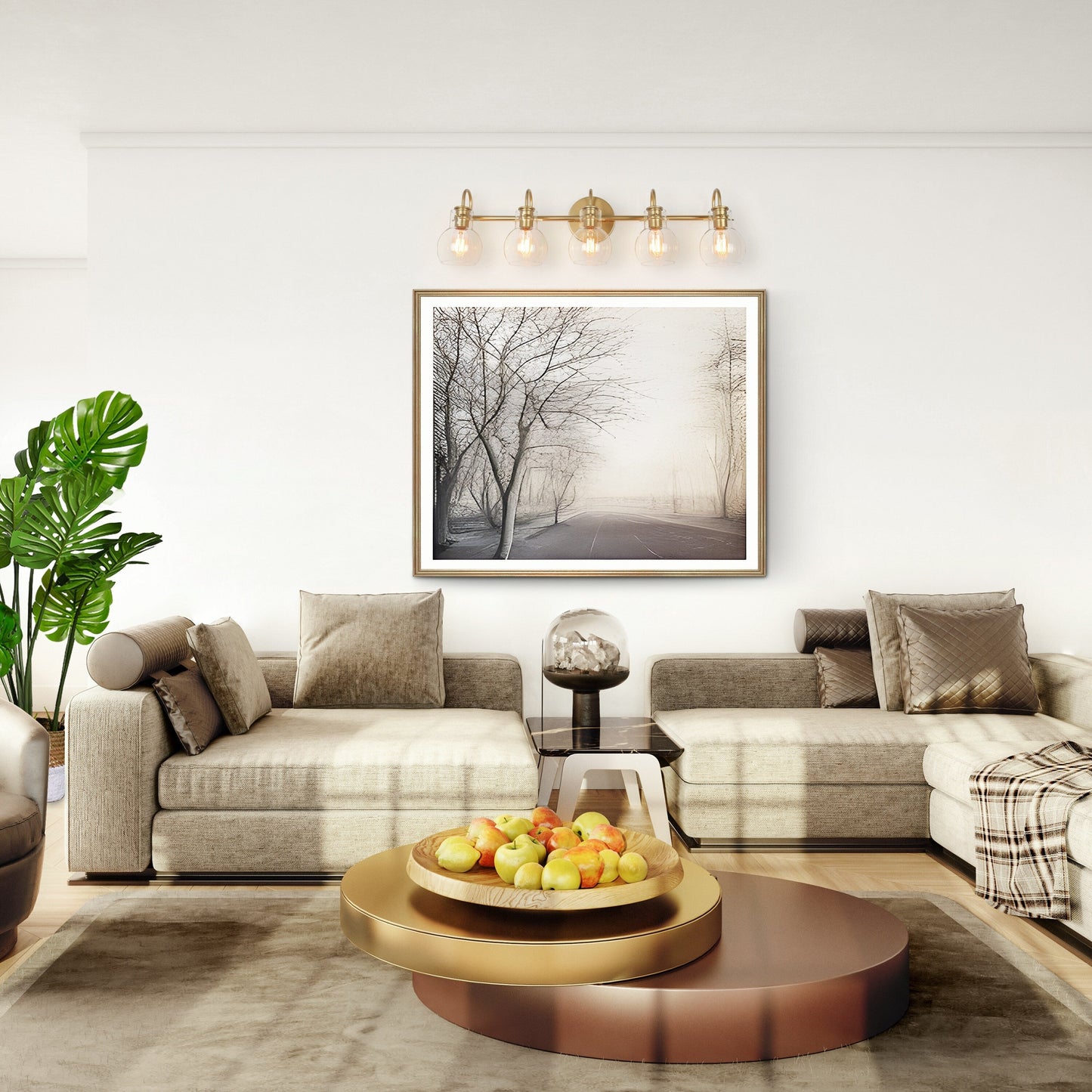 Applique murale moderne dorée à 3 lumières pour salle de bain, avec globe en verre.