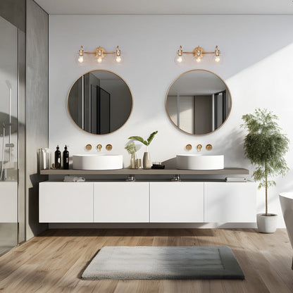 Applique murale moderne dorée à 3 lumières pour salle de bain, avec globe en verre.