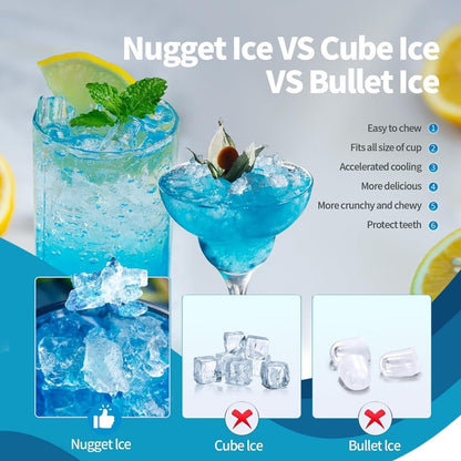 Fabrique de glaçons Nugget Ice portable pour comptoir avec boutons mécaniques, équipée d'un bac à glaçons et d'une pelle à glaçons, en acier inoxydable.