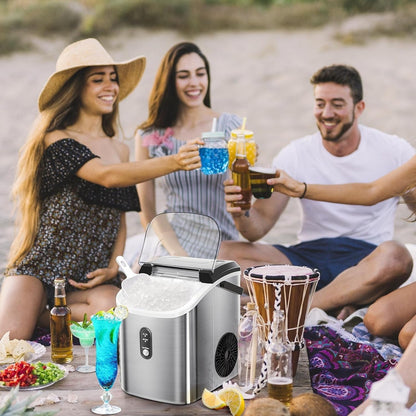 Fabrique de glaçons Nugget Ice portable pour comptoir avec boutons mécaniques, équipée d'un bac à glaçons et d'une pelle à glaçons, en acier inoxydable.