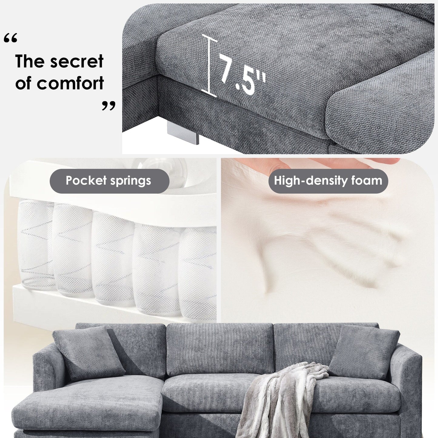 Cloud Sectional Sofa,L-Shaped Luxury Couch Set With 2 Free Pillows,4-Seat Chenille Indoor Furniture With Oversized Chaise