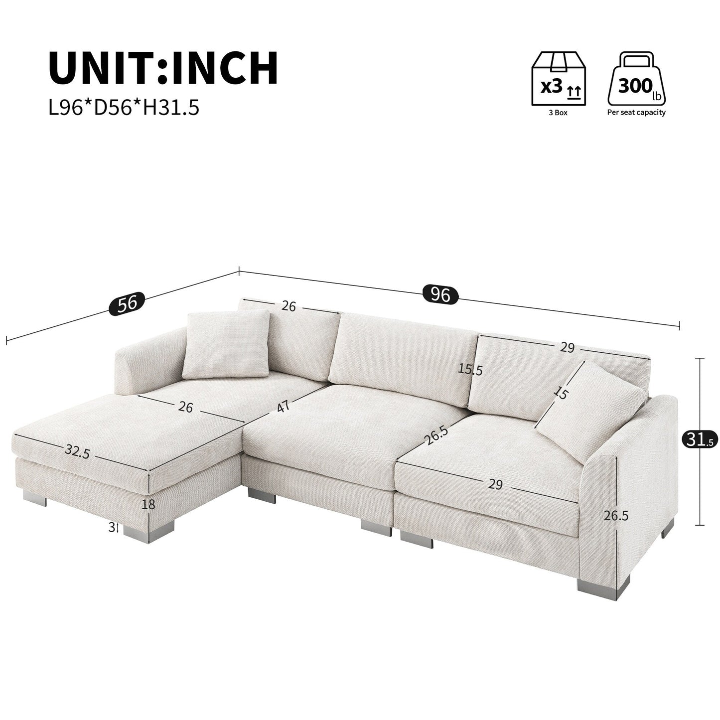 Cloud Sectional Sofa,L-Shaped Luxury Couch Set With 2 Free Pillows,4-Seat Chenille Indoor Furniture With Oversized Chaise