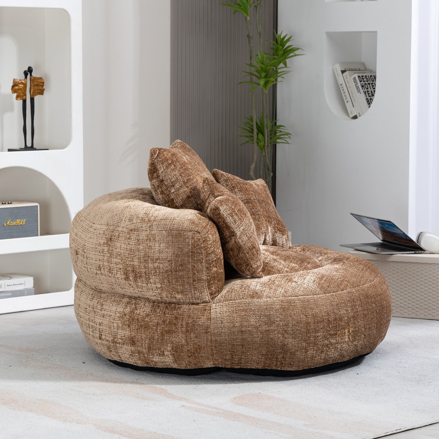 Coffee Oversized 42.52 Chenille Lazy Bean Bag Single Sofa with Three Pillows for Bedroom