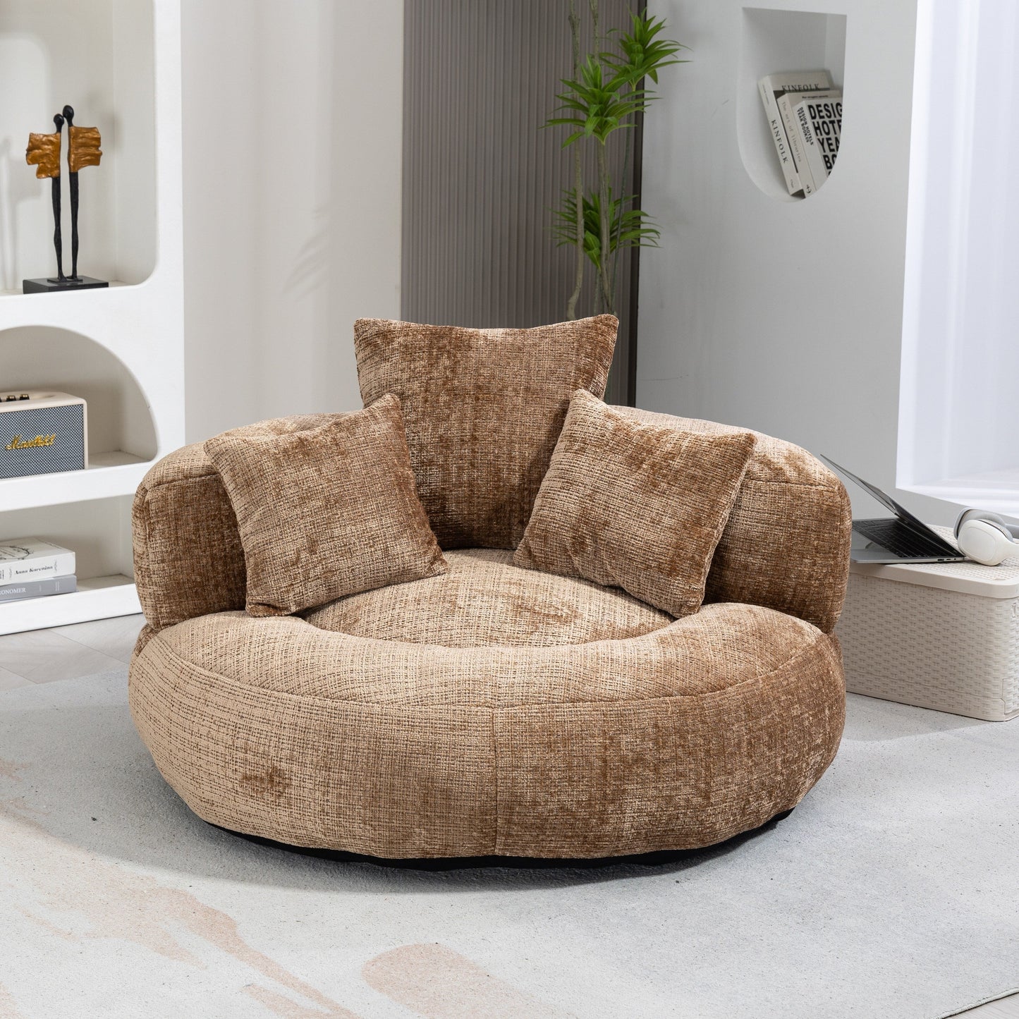 Coffee Oversized 42.52 Chenille Lazy Bean Bag Single Sofa with Three Pillows for Bedroom