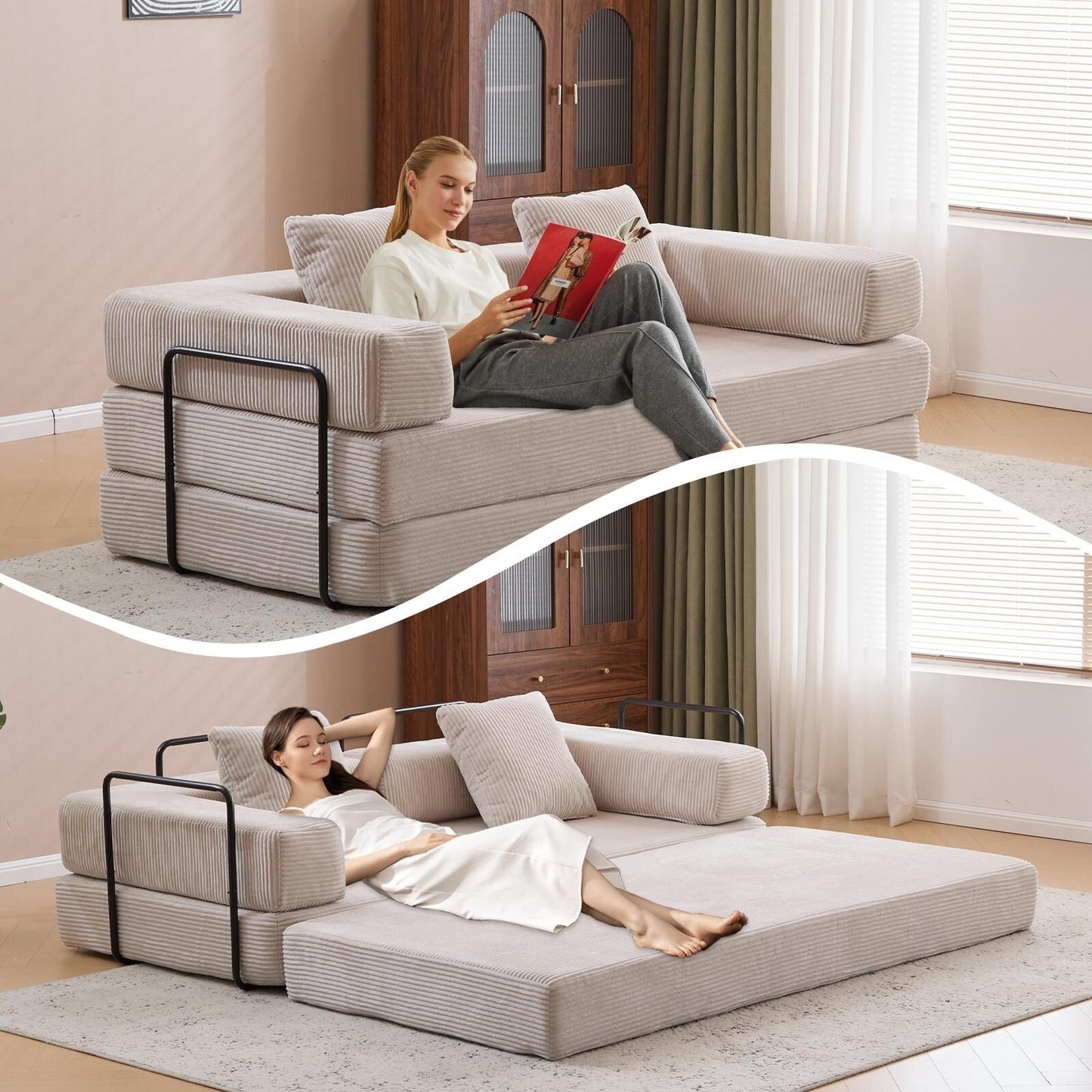 Convertible Floor Sofa Bed with Pillow Back Chenille Fabric for Living Room Bedroom