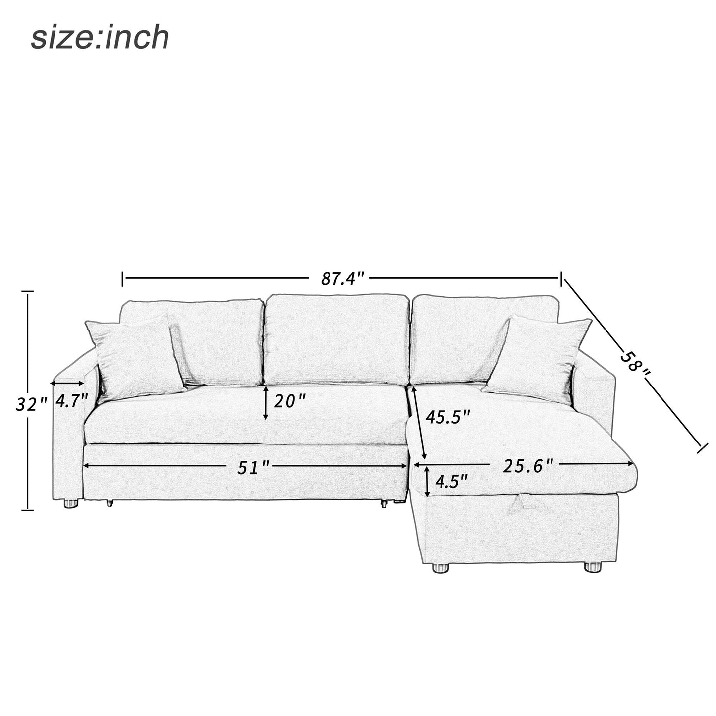 Convertible L-Shaped Sectional Sofa with Pull-Out Bed and Storage Space, 2 Tossing Cushions