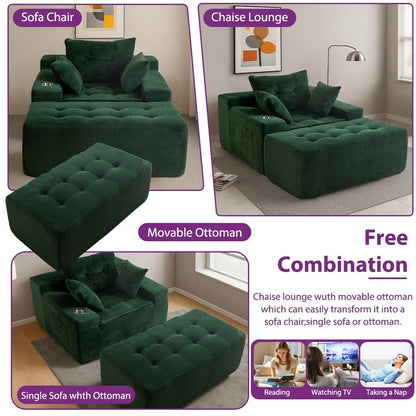 Corduroy Upholstered Memory Foam Sofa With Ottoman Upholstered Bean Bag Couch - 48.4Lx67.7Wx24.4H