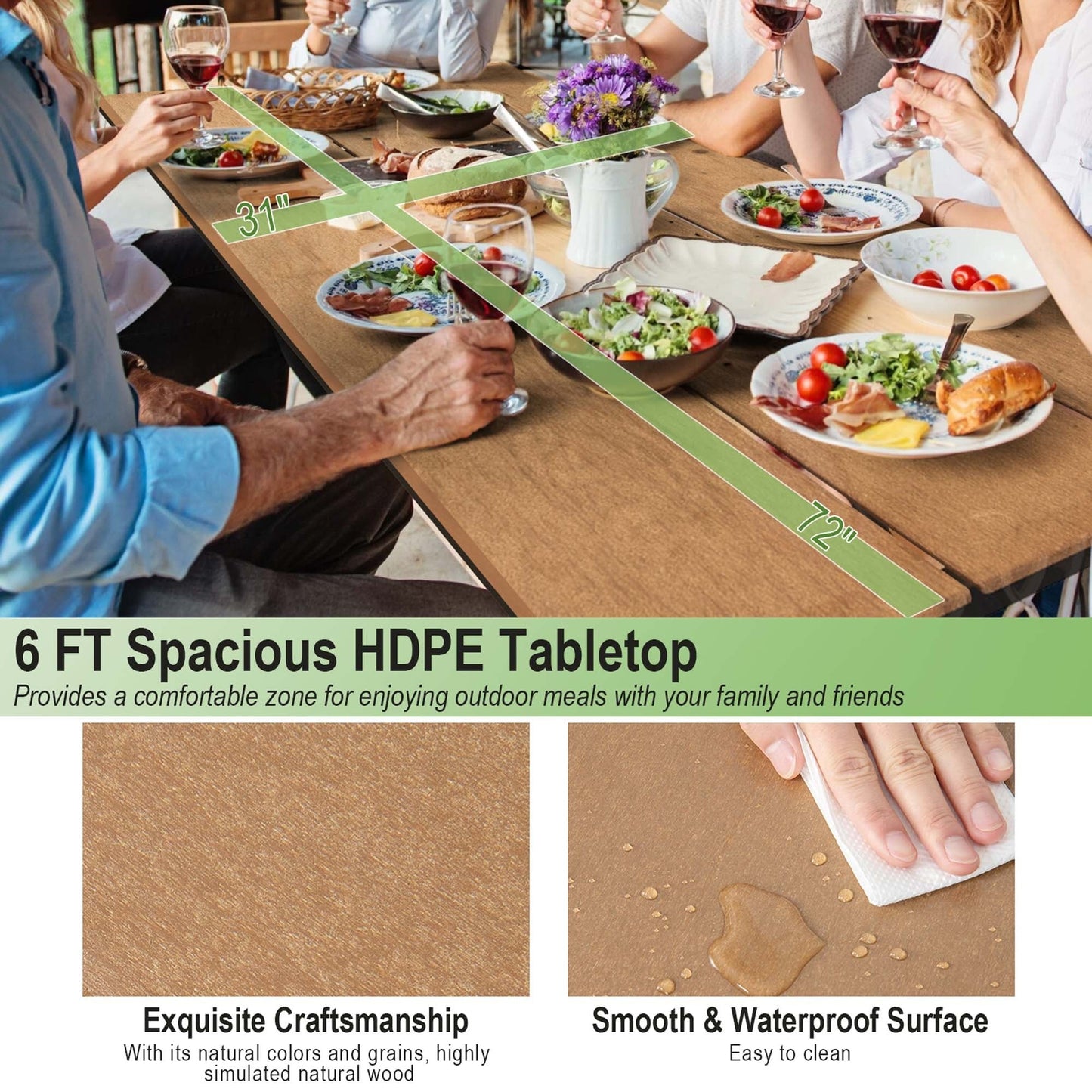 Ensemble table et banc de pique-nique Costway 6 pieds, pour extérieur, en HDPE, très résistant - Voir les détails