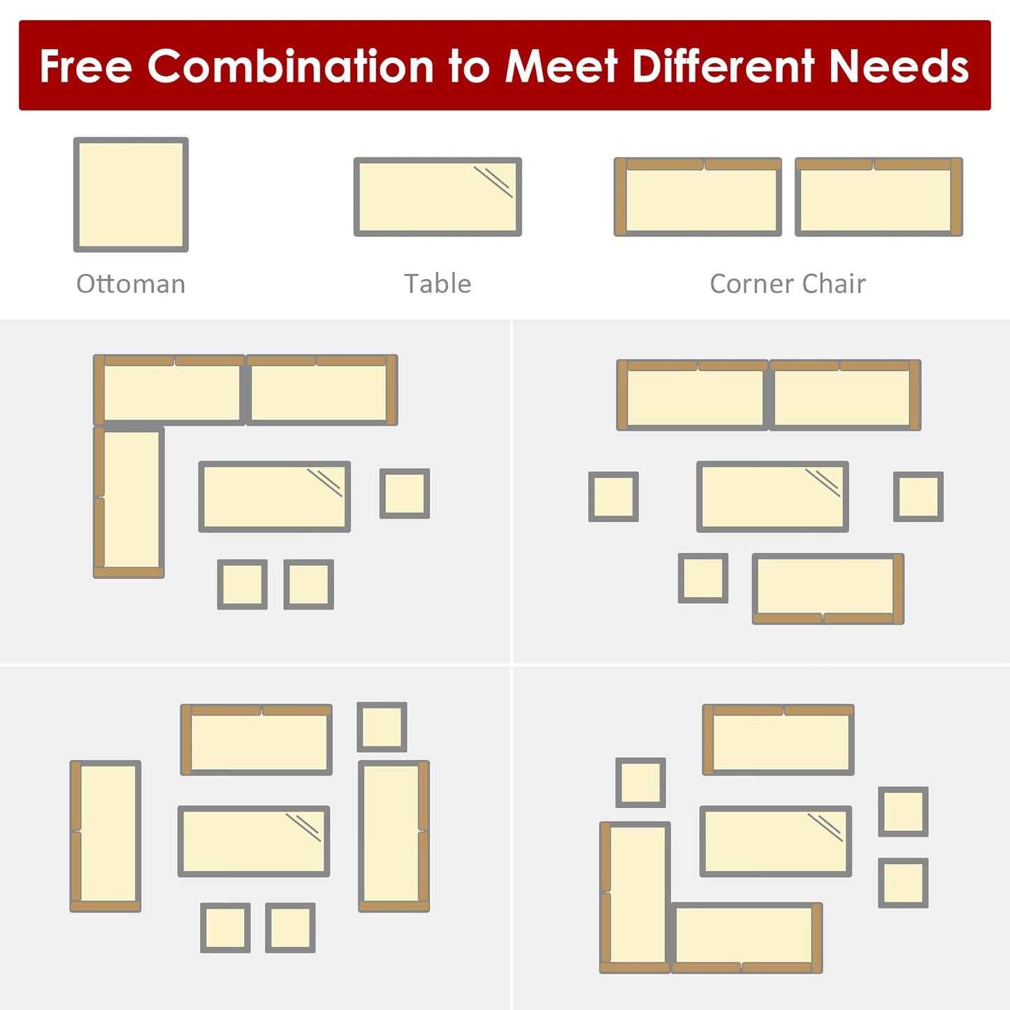 Costway Ensemble de salon en rotin pour patio, 7 pièces, avec canapé d'angle, pouf et ottoman - Voir les détails