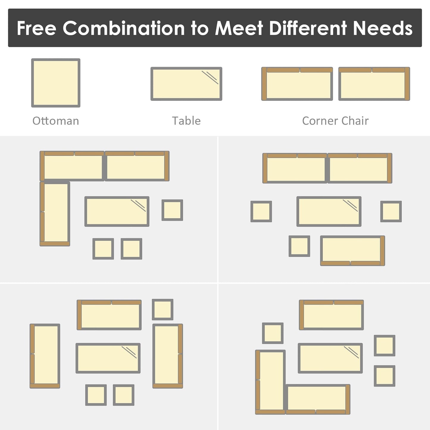 Costway Ensemble de salon en rotin pour patio, 7 pièces, avec canapé d'angle, pouf et ottoman - Voir les détails