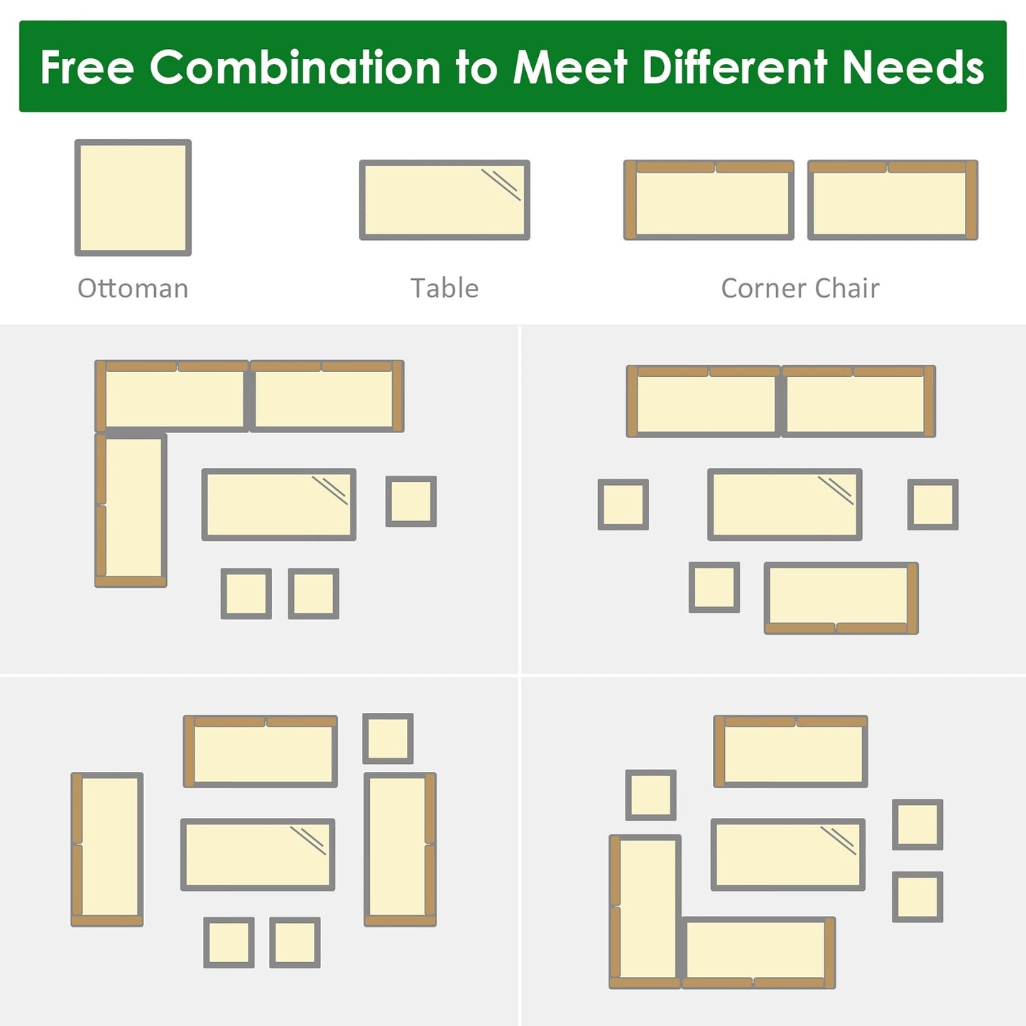 Costway Ensemble de salon en rotin pour patio, 7 pièces, avec canapé d'angle, pouf et ottoman - Voir les détails