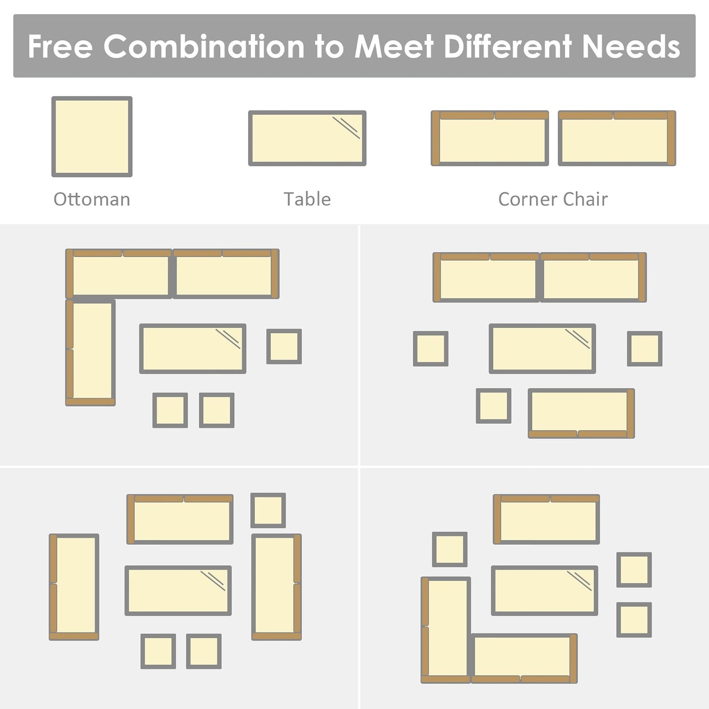 Costway Ensemble de salon en rotin pour patio, 7 pièces, avec canapé d'angle, pouf et ottoman - Voir les détails