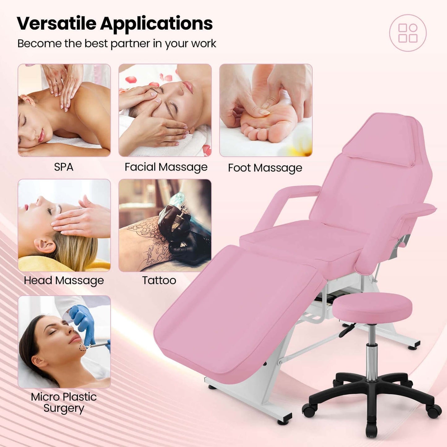 Table de massage Costway 72 avec tabouret hydraulique, dossier réglable et