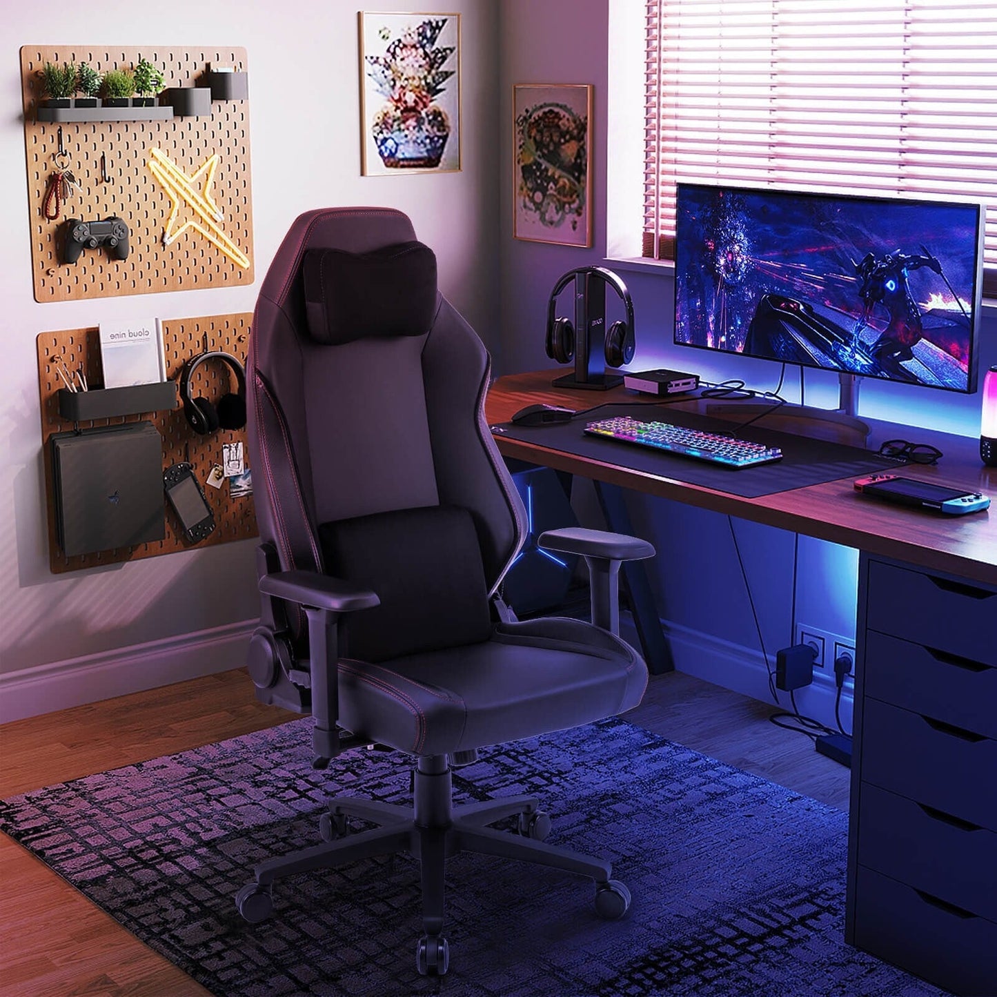 Costway Chaise de jeu ergonomique, chaise de bureau à dossier haut avec fonction basculante - Voir les détails