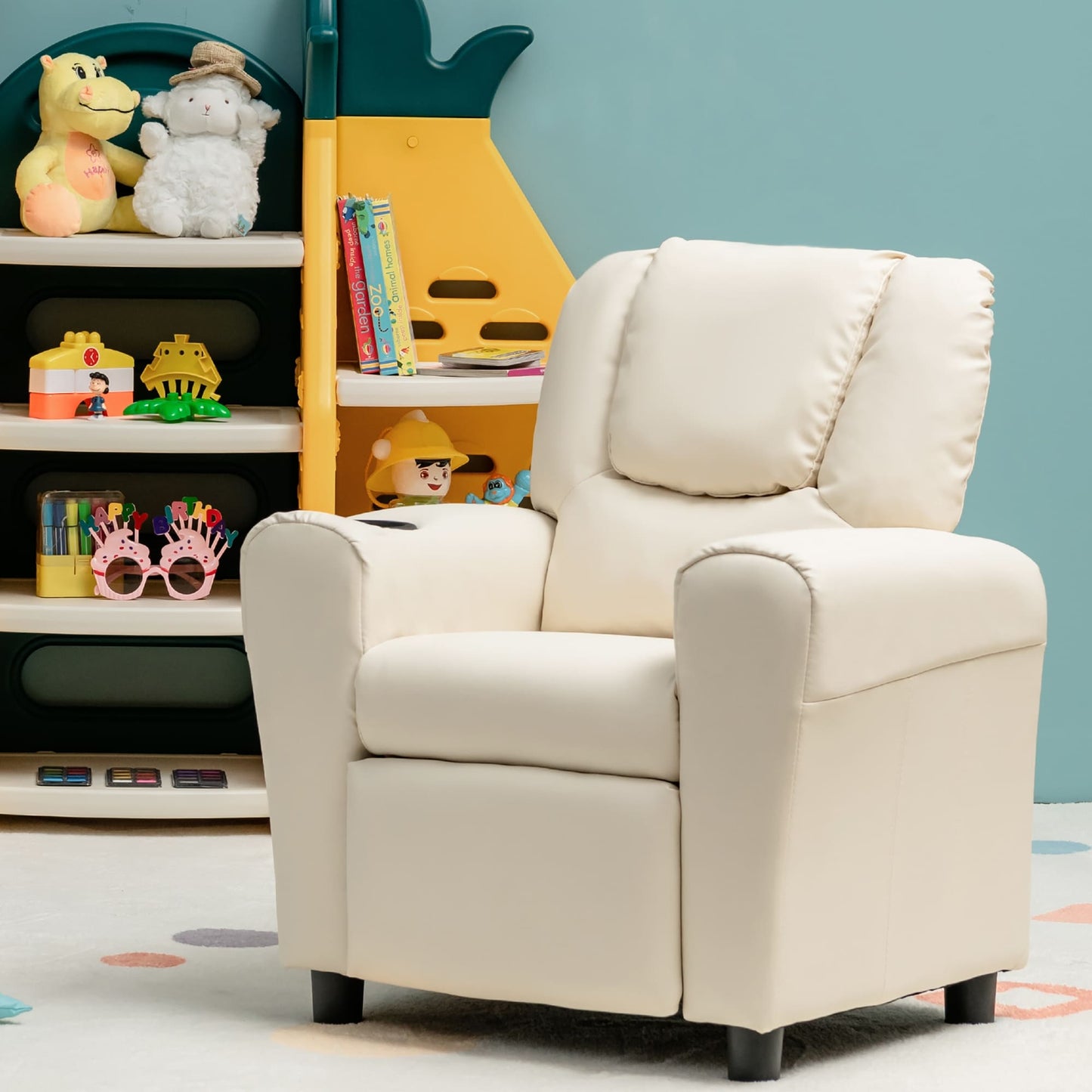 Fauteuil inclinable pour enfant Costway en cuir PU avec accoudoirs et repose-pieds avec porte-gobelets