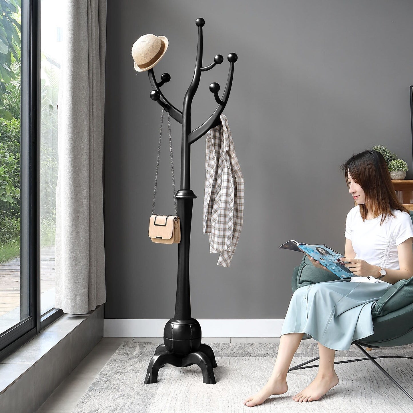 Porte-manteau sur pied en bois de caoutchouc en forme de branche d'arbre avec 8 crochets - 62,2 cm (l) x 179,5 cm (h)