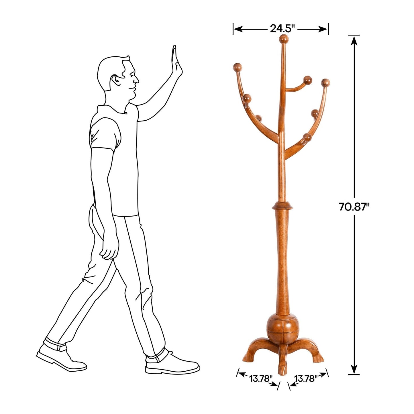 Porte-manteau sur pied en bois de caoutchouc en forme de branche d'arbre avec 8 crochets - 62,2 cm (l) x 179,5 cm (h)