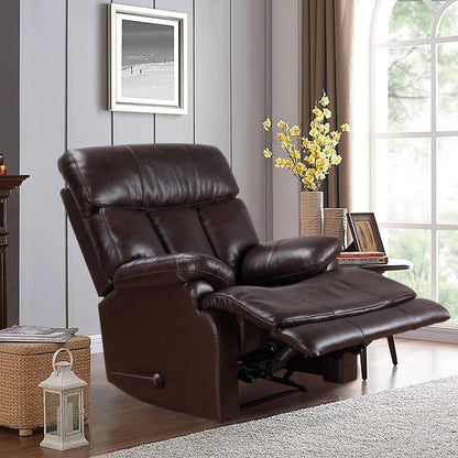 Davin Fauteuil inclinable manuel en cuir véritable, dossier haut, pieds repose-pieds extensibles, marron.