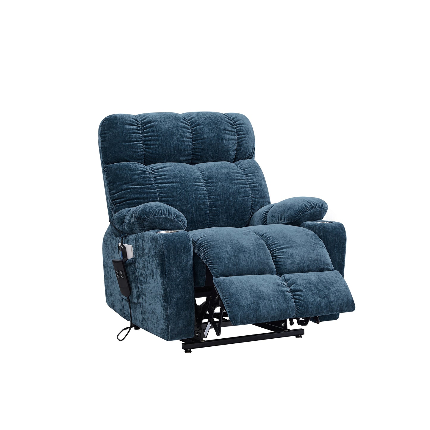 Fauteuil releveur à double moteur OKIN pour personnes âgées avec chauffage, massage, dossier inclinable à 180° et repose-pieds/repose-dos réglables.