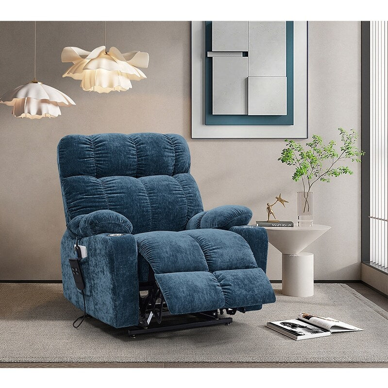 Fauteuil releveur à double moteur OKIN pour personnes âgées avec chauffage, massage, dossier inclinable à 180° et repose-pieds/repose-dos réglables.