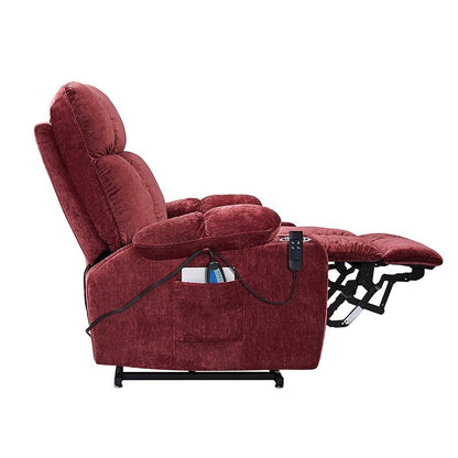 Fauteuil releveur à double moteur OKIN pour personnes âgées avec chauffage, massage, dossier inclinable à 180° et repose-pieds/repose-dos réglables.